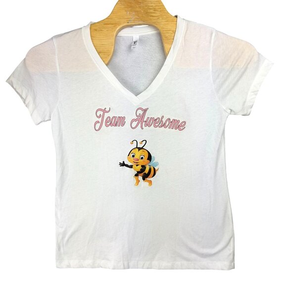 "Team Awesome" Bee Graphic V-Neck T-Shirt XXL White By Ideal T - Picture 1 of 7